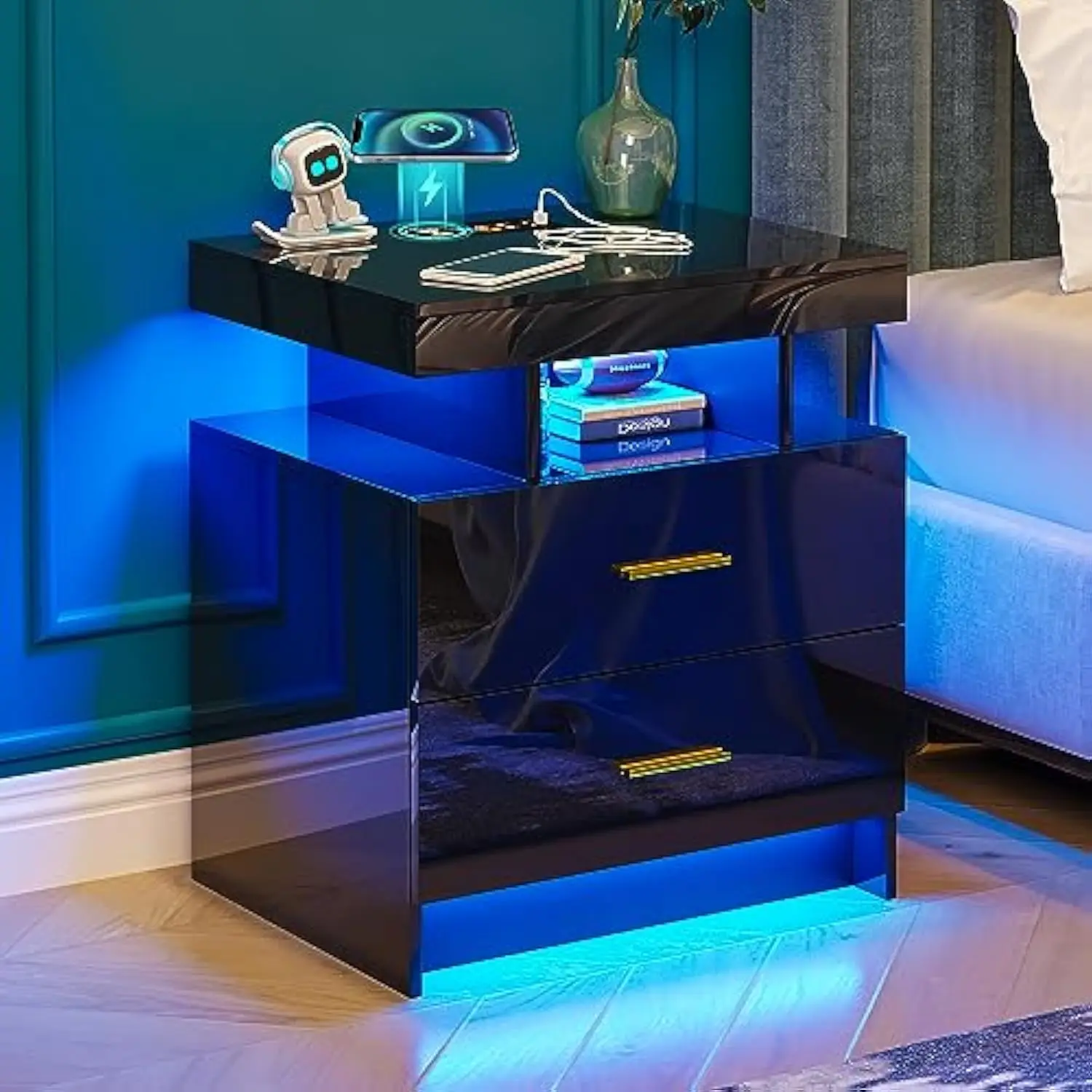 

Night Stand with Light, High Gloss Nightstand with USB/Wireless Charging Station, LED Black Nightstands with Storage Drawers, R