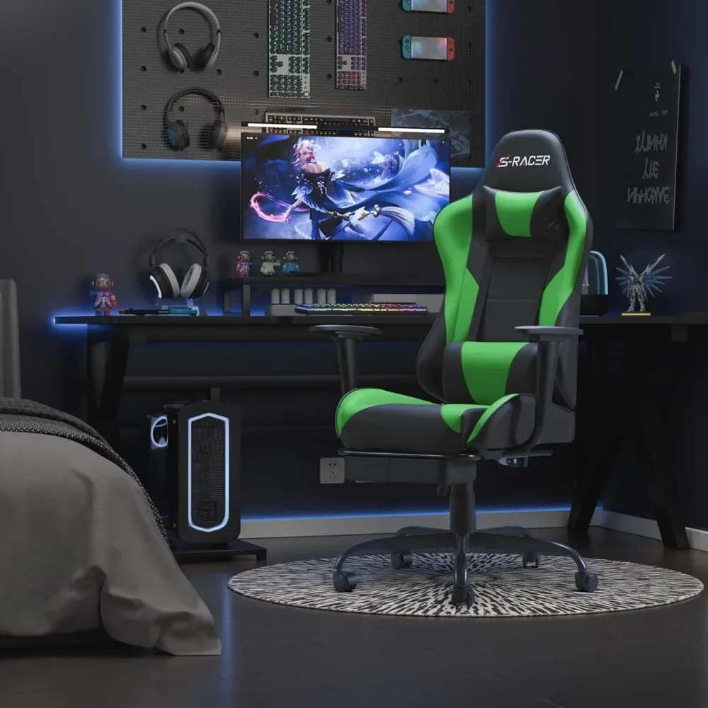 HOT-Chairs, Computer Chair With Footrest And Massage Lumbar Support, Height Adjustable Game Chair With Headrest 