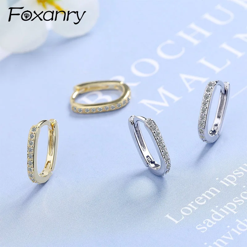 Foxanry Sparkling Zircon Ellipse Geometric Hoop Earrings For Women Couples Minimalist Classic Elegant Fashion Birthday Jewelry