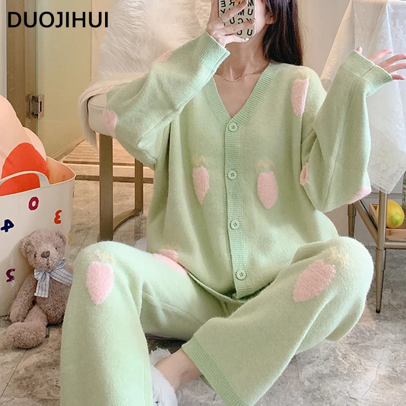 DUOJIHUI-Conjunto de pijama solto para mulheres, cor do feitiço, impressão simples, cardigã feminino com decote em v, Calça básica, 2 cores, moda, inverno