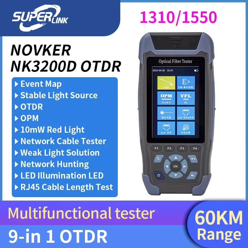 NOVKER NK3200D 9-in-1 OTDR Optical Fiber Tester 60KM 1310/1550nm Breakpoint Detector with OPM VFL RJ45 Network Cable Test