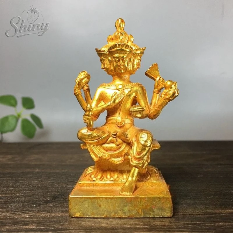 Antique Brass Gilded Four-Faced Buddha Statue Home Protection & Wealth Attraction Home & Office Decorative Ornament