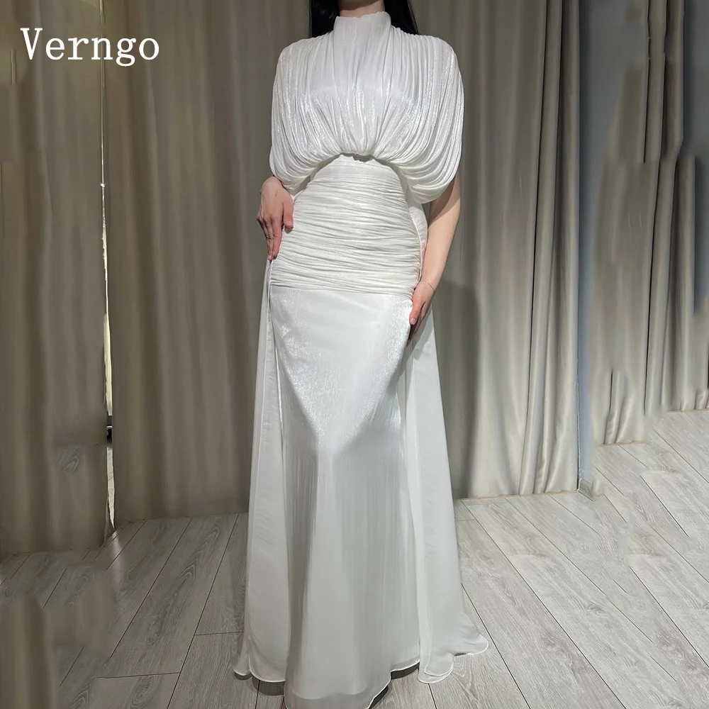 

Verngo Off White Shiny Satin Evening Dress High Neck Mermaid Formal Occasion Dresses Elegant Arabic Prom Gowns Customized