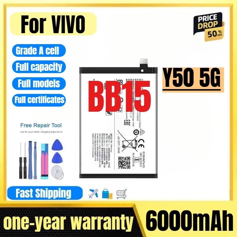 

BB15 for VIVO Y50 5G Mobile Phone Battery 0 Cycle High Quality High Capacity Battery Replacement Bateria Grade A Cell with Tools