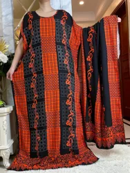 Vestido africano de algodón de manga corta con bufanda grande para mujer, ropa holgada con estampado Floral Boubou Maxi, Abaya con diamantes, verano, 2024