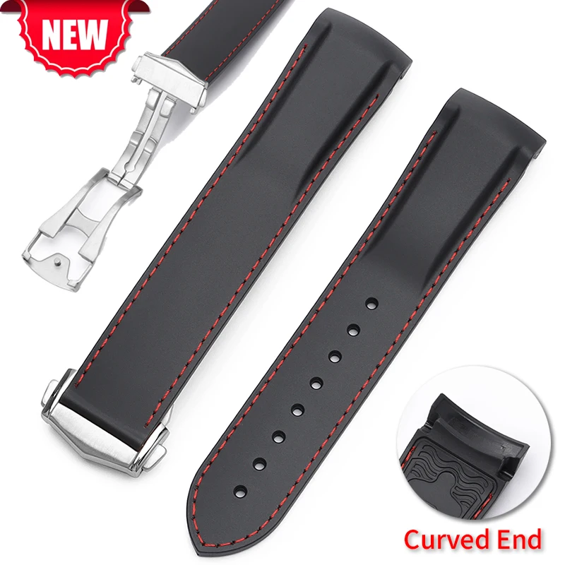 Curved End Silicone Watchband for Omega Seamaster 300 Speedmaster 20mm 22mm Rubber Strap Waterproof Sport Bracelet Folding Clasp