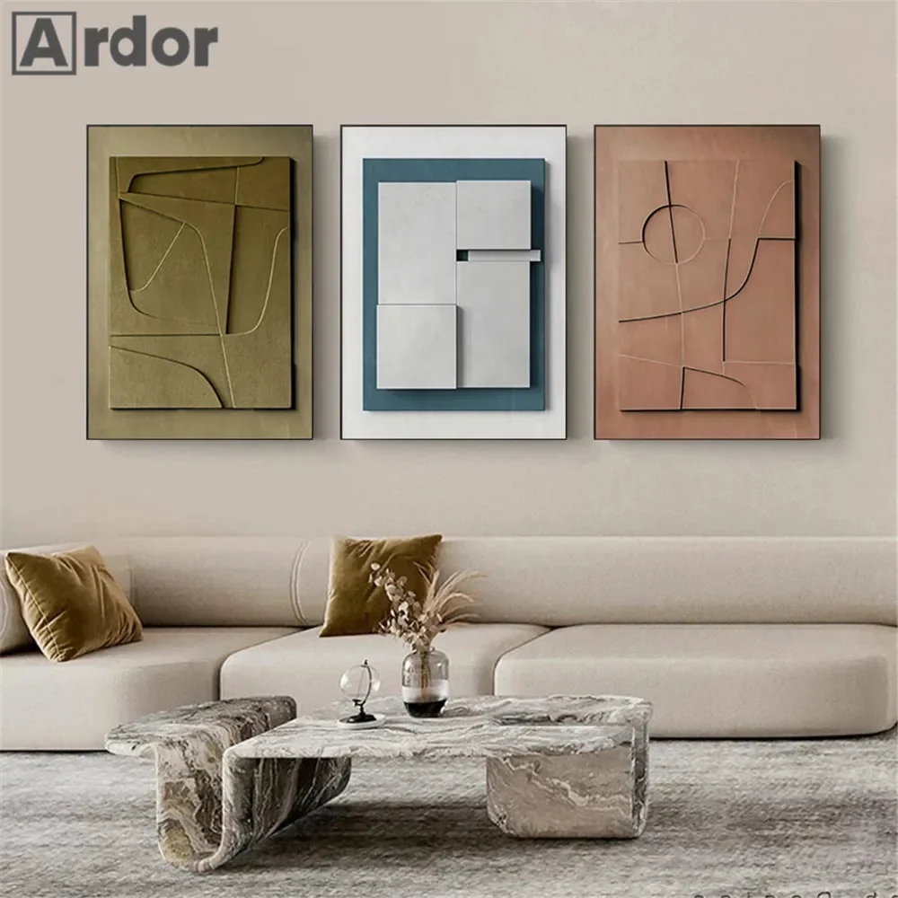 Abstract 3D Effect Geometric Canvas Painting Nordic Wall Poster Print Blue Brown White Pictures Living Room Interior Home Decor