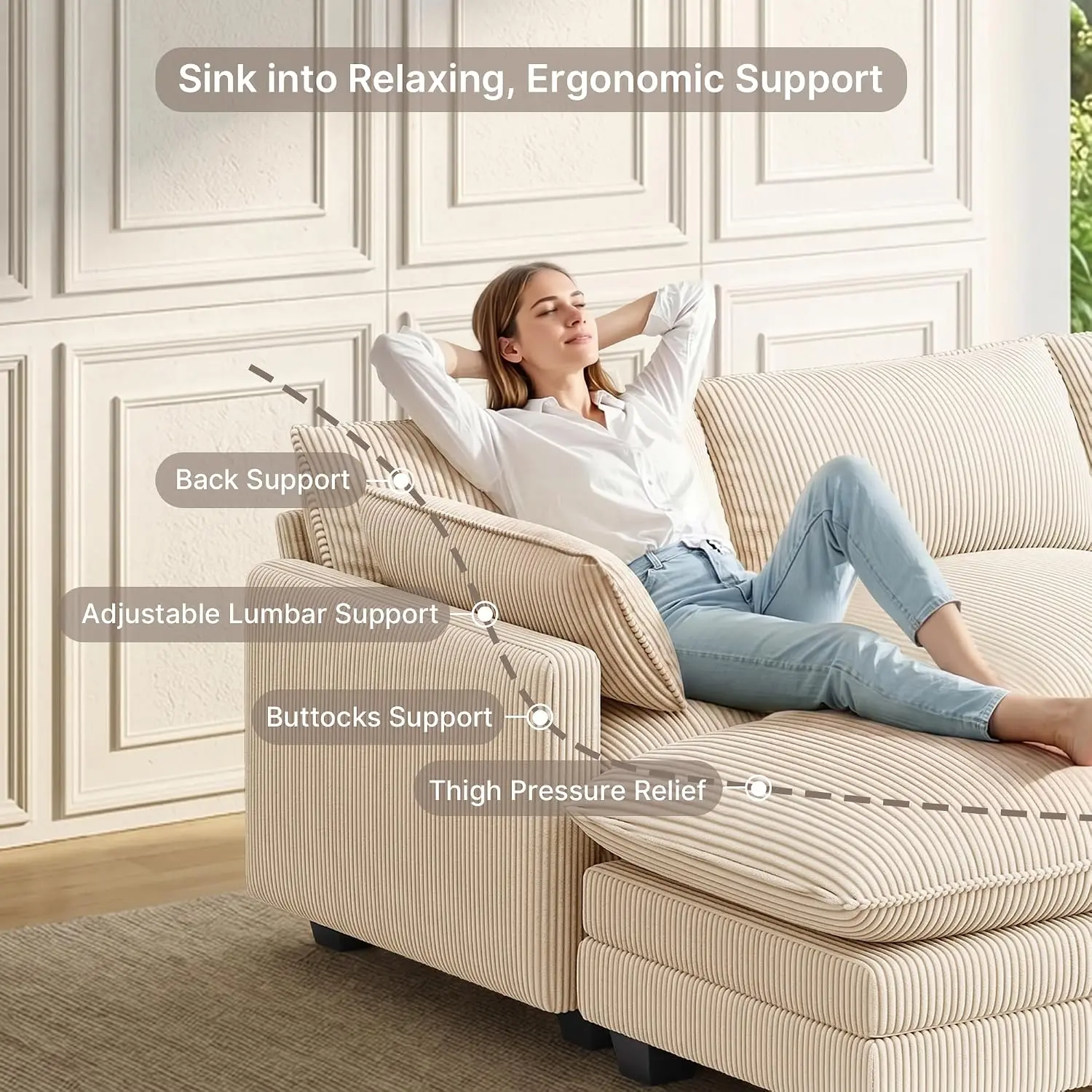 L Shaped Sofa, 4-Seater Deep Corduroy Couch with Washable Cover, Ottoman & 2 Pillows for Living Room, 110