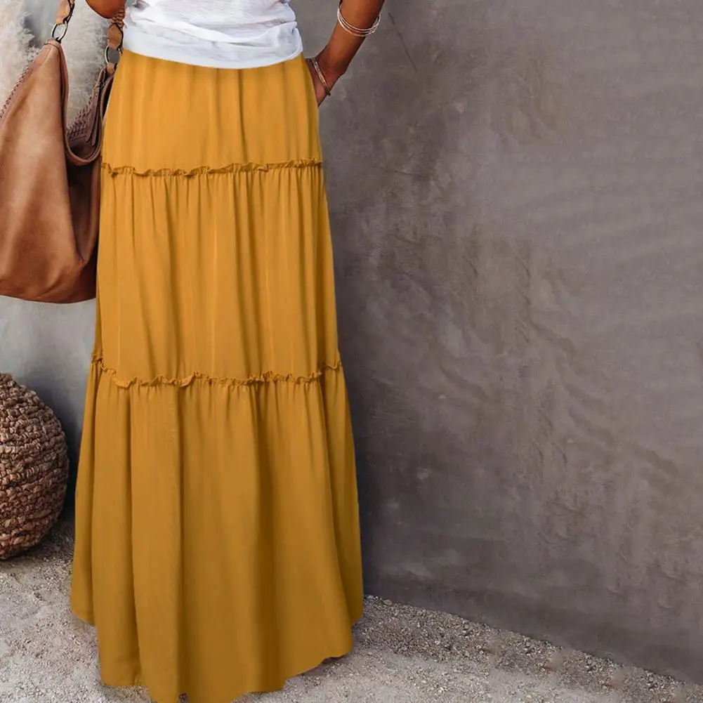 Women High Waist Elastic Waistband Maxi Skirt Solid Color A-Line Skirt Ruffle Stitching Holiday Party Long Skirt Streetwear