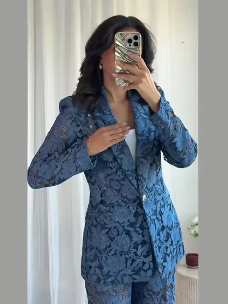 النساء الدانتيل السراويل 2 قطعة مجموعة موضة شير التلبيب كم طويل السترة السراويل المستقيمة 2025 أنيقة شيك تخفيف المرأة البدلة ﻿