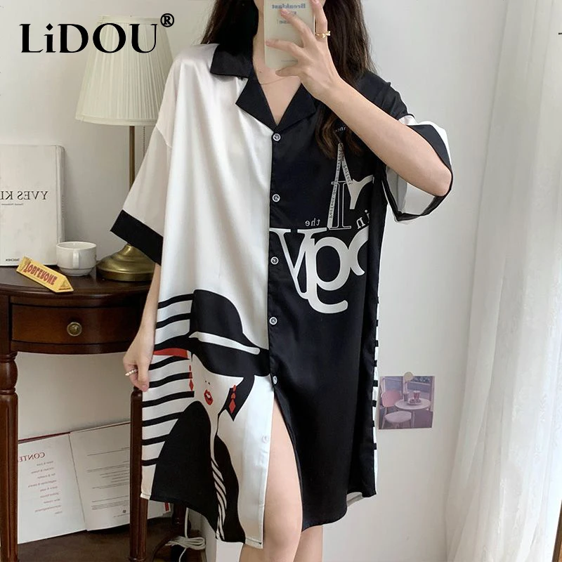 

Summer Loose Casual Printing Sleep Robes Women's Short Sleeve Trend Fashion Buttons Homewear Female Oversized Print Shirt Dress