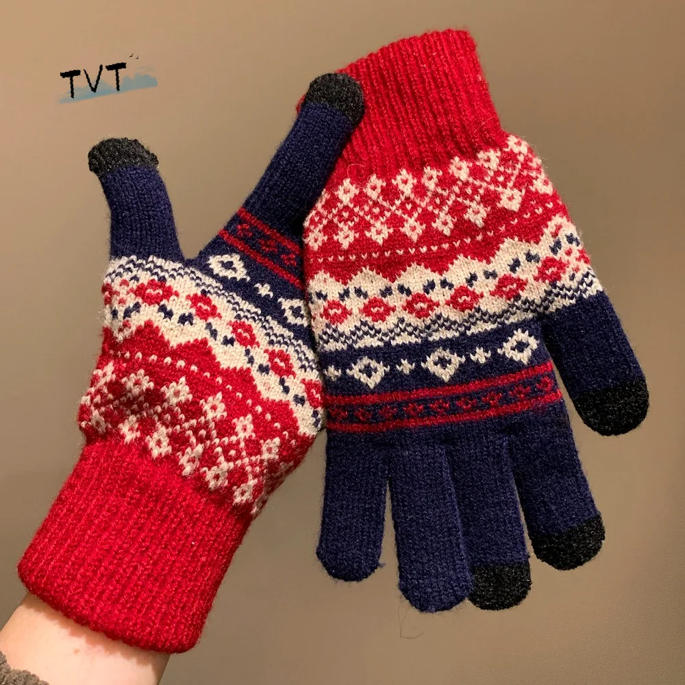 

Вязаные зимние перчатки в скандинавском стиле, красные, мягкие, с принтом, из шерсти, ветрозащитные, водонепроницаемые, женские, для велоспорта, для активного отдыха