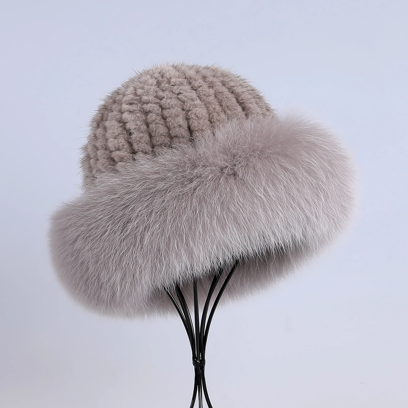 Frauen Winter warm echte Premuim Nerz Fell gestrickt Eimer Hut pelzigen Echtpelz Kappen Big Fox Pelz besatz Krempe verstellbar – Detail 13
