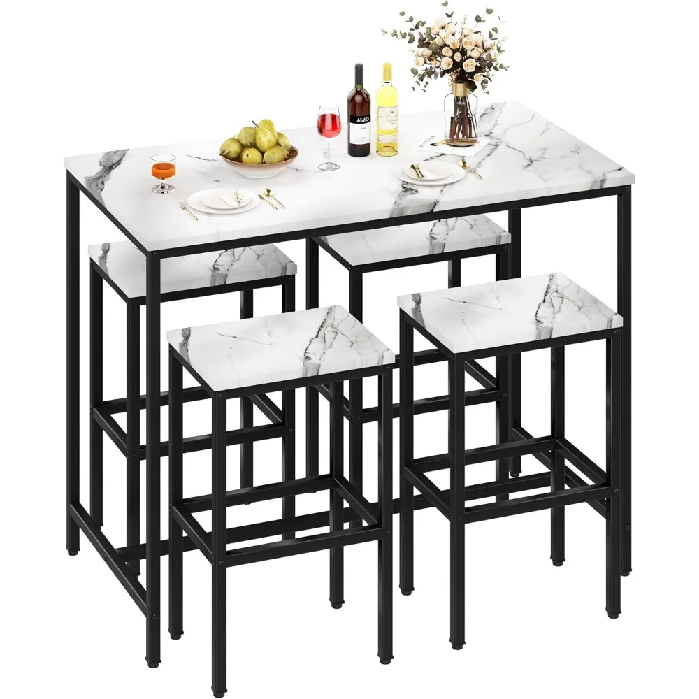 طقم طاولة بار مكون من 5 قطع، طقم طاولة وكراسي بار المطبخ مكون من 4 قطع، طاولة بارتفاع عداد معدني حديث مع مقاعد لغرفة الطعام