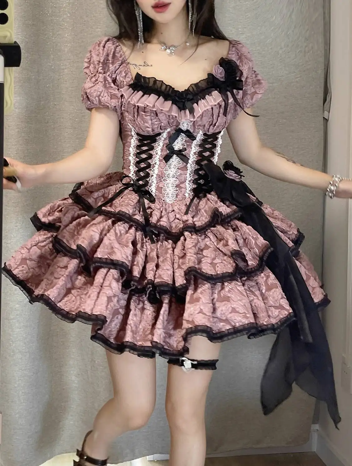 

Lolita Girls Dress Original Lolita Magical Girls High Waist Short Sleeve Black Pink Bow Gothic Dress Summer Y2k Women Clothing