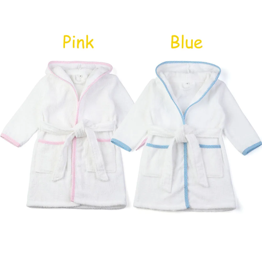 Musbala Terry White Hooded Boys Bathrobes Pink Blue Trim Long Sleeve Kids Girls Dressing Gown