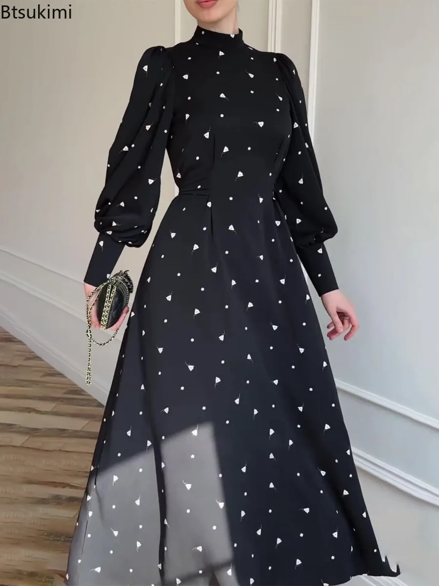 

Elegant Women's Dresses 2025 Spring New Floral Printed Long Sleeve Slim Long Dress Office Ladies Temperament Robe Lace-up Dress