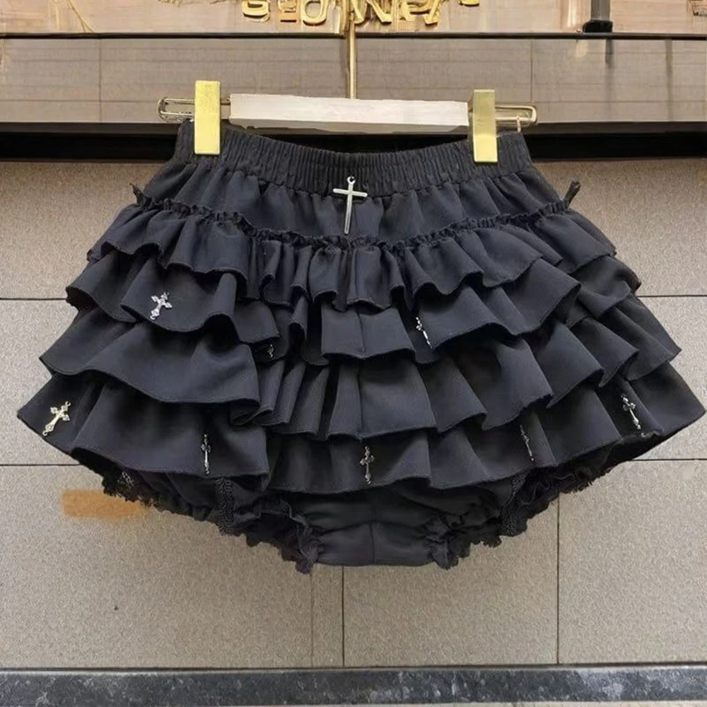 Womens Mini Skirts Tiered Ruffles Gothic Skirts with Cross Charms Built-in Shorts Kawaii Sukapan Sexy Skort Punk Coquette Y2K