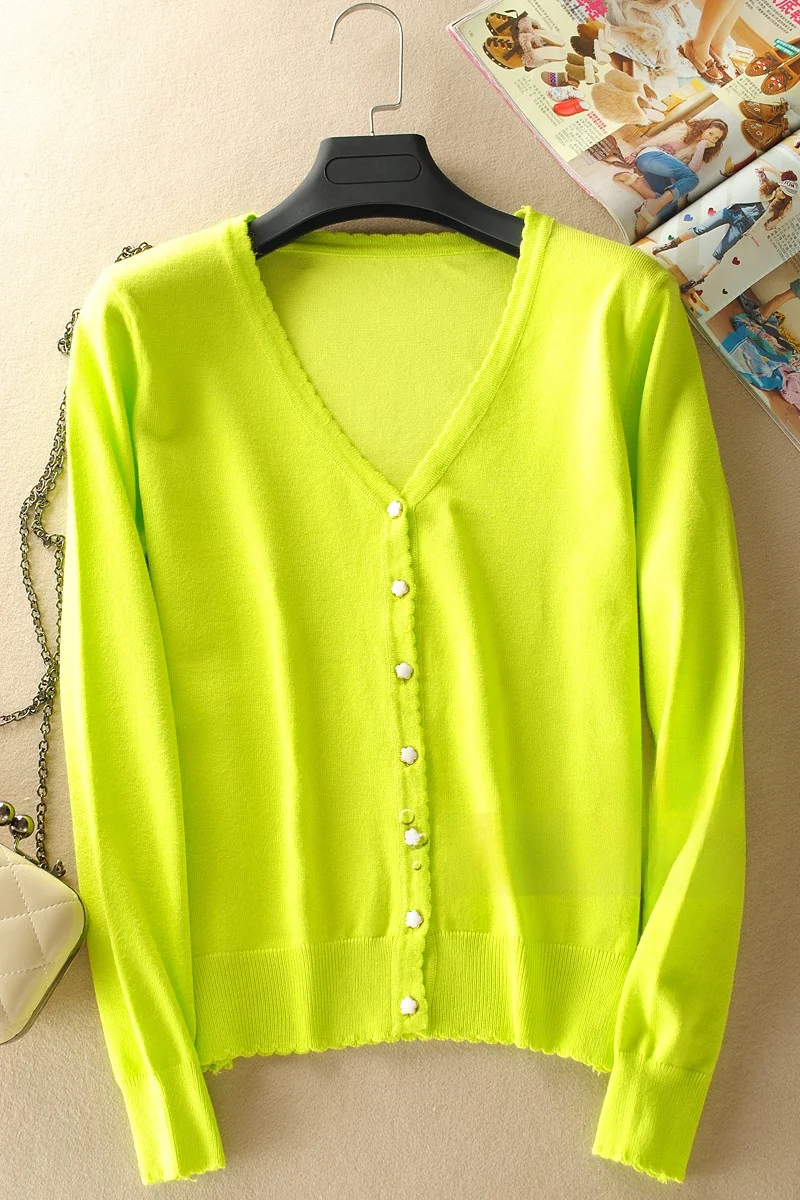 

Spring Summer New Knitted Long Sve V-Ne Women's Outerwear Cardigan Sli Commute Sle Korean Straight Cut Knit Top