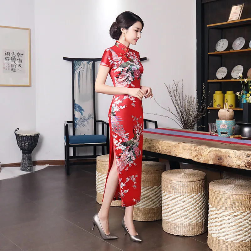 New Spring and Summer Improved Cheongsam Dress Long Satin Printed Daily Banquet Women's Clothing Performance Wear