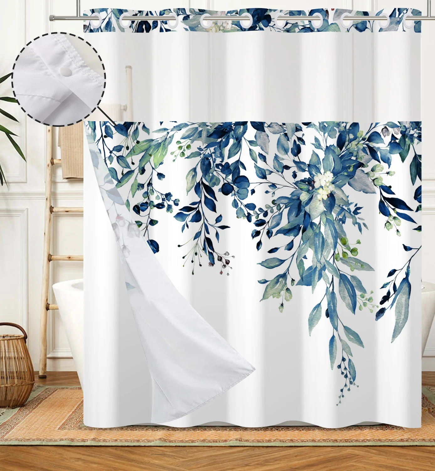 No Hooks Double Layer Shower Curtain Waterproof Removable Lined Leaves Plants Flower Modern Bathroom Decorative Shower Curtains