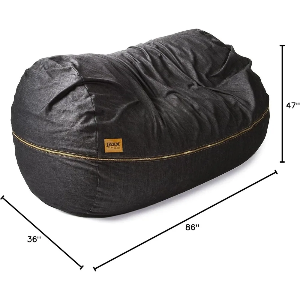 7-foot Giant Polyurethane Bean Bag Sofa, Black Denim Fabric with High-quality Tapered Denim Cover and Brass Zipper Furniture