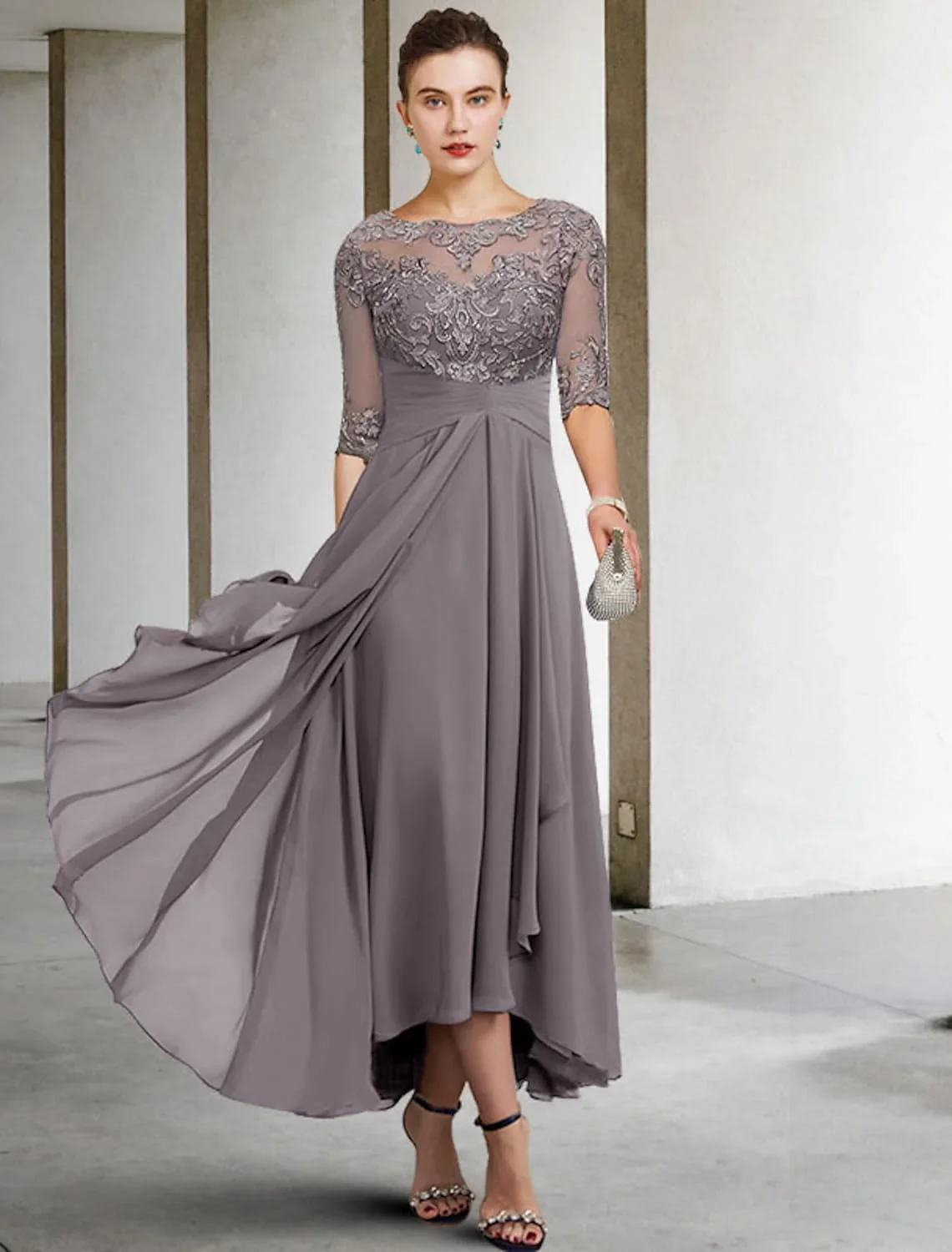 

2026 Silver High Low Mother of the Bride Dress Scoop Half Sleeve Lace Chiffon Ankle Length Wedding Groom Party Gowns Plus Size