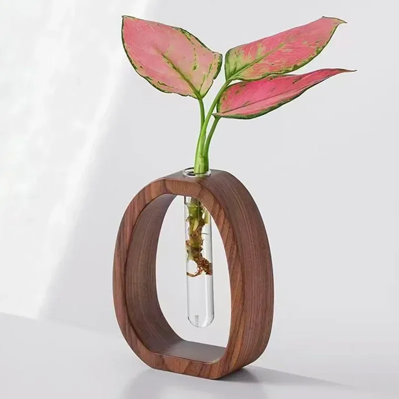 Soporte de flores de madera maciza de nogal, decoración de arreglo floral creativo, planta de vidrio Simple, mini florero cultivado en agua