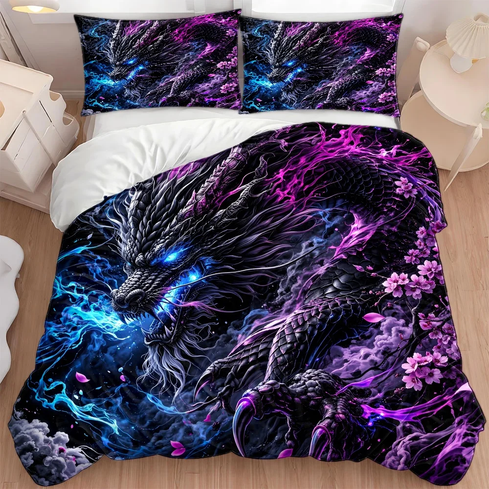 3Pc Dark Dragon Sakura Colorful Duvet Cover Set, Bedding Three-Piece Set (1*Duvet Cover + 2*Pillowcases), Suitable for All Seasons, Machine Washable, Hidden Zipper Design, Large Double Bed Cover Set, Suitable for Home, Dorm, Master Bedroom, Guest Room, Cool Dragon Print Bedding, Trendy Dark Style Bedding Set, Durable and Skin-Friendly Bedding Set, Hot-Selling Personalized Duvet Cover Set, Sakura Dragon Elements Bedding Set, High-Density Easy-Care Bedding, Wear-Resistant and Skin-Friendly Bedding Set, Hot-Selling Personalized Duvet Cover Set, Sakura Dragon Elements Bedding Set, High-Density Easy-Care Bedding
