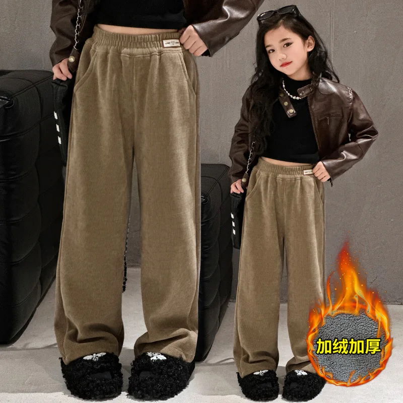 2024 New: Girls' Warm Plush Palazzo Pants, Casual Straight-Leg Trousers for Mid to Big Kids.