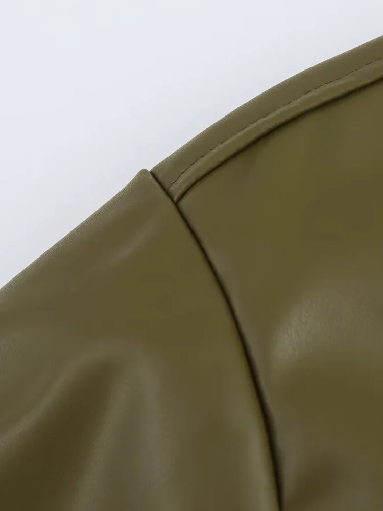 European style new women's fashion versatile temperament pocket imitation leather pilot long sleeve jacket