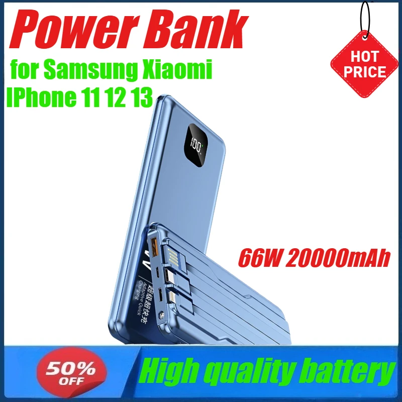 

66W Power Bank Super Fast Charging Rechargeable Battery for Huawei P40 Powerbank Built in Cable for Samsung Xiaomi IPhone 12 13