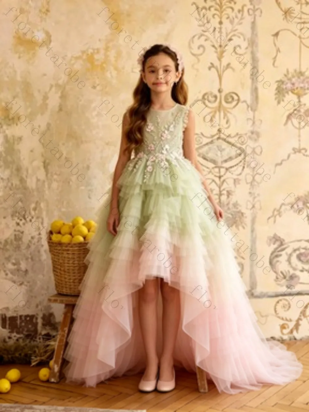 Customized Gradient Pink Green Sleeveless Flower Girl Dress Sequin Appliques Tiered Ruffle Tulle Long Gown Kids Birthday Wedding