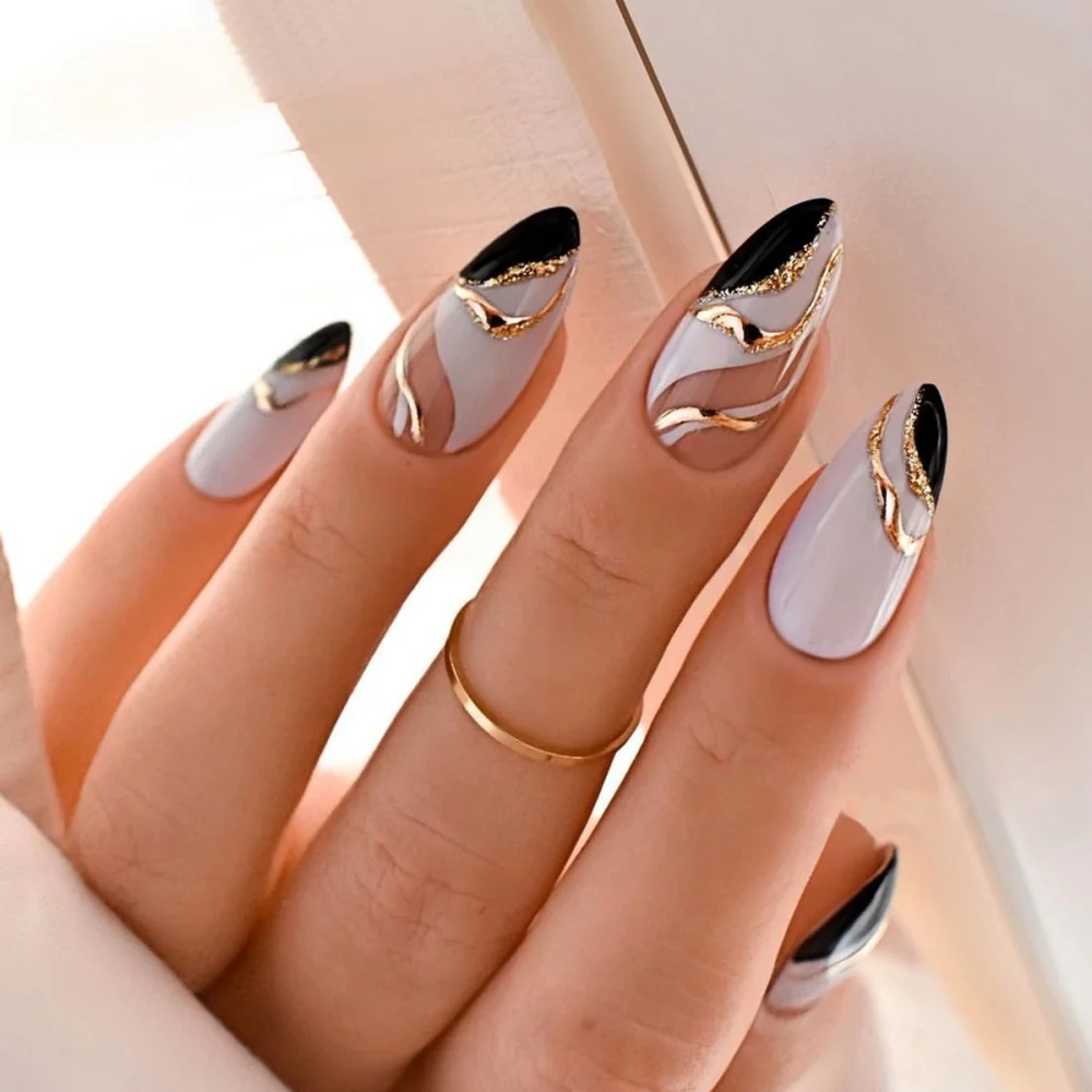 24 pçs simples wearable amêndoa arte do prego falso com glitter em forma de lágrima design chama vermelha dicas de unhas falsas nu imprensa em unhas