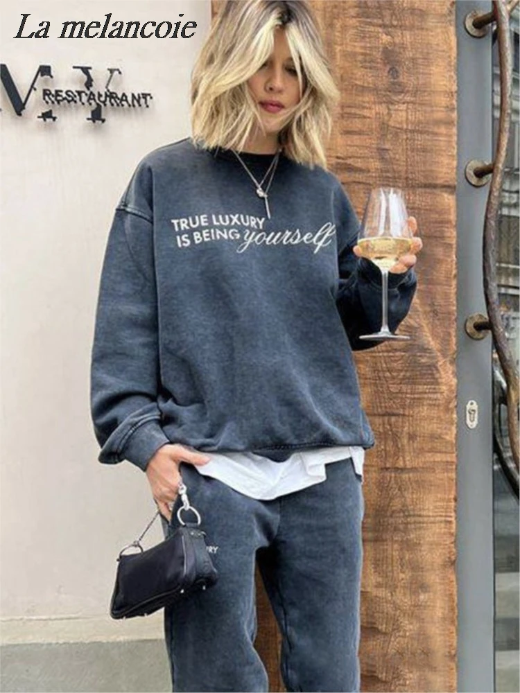 

Letter Printed Sweatshirt Women Cotton Retro Washed Hoodie 2024 New Casual Loose Sweatshirts Fashion Long Sleeve Pullovers Tops