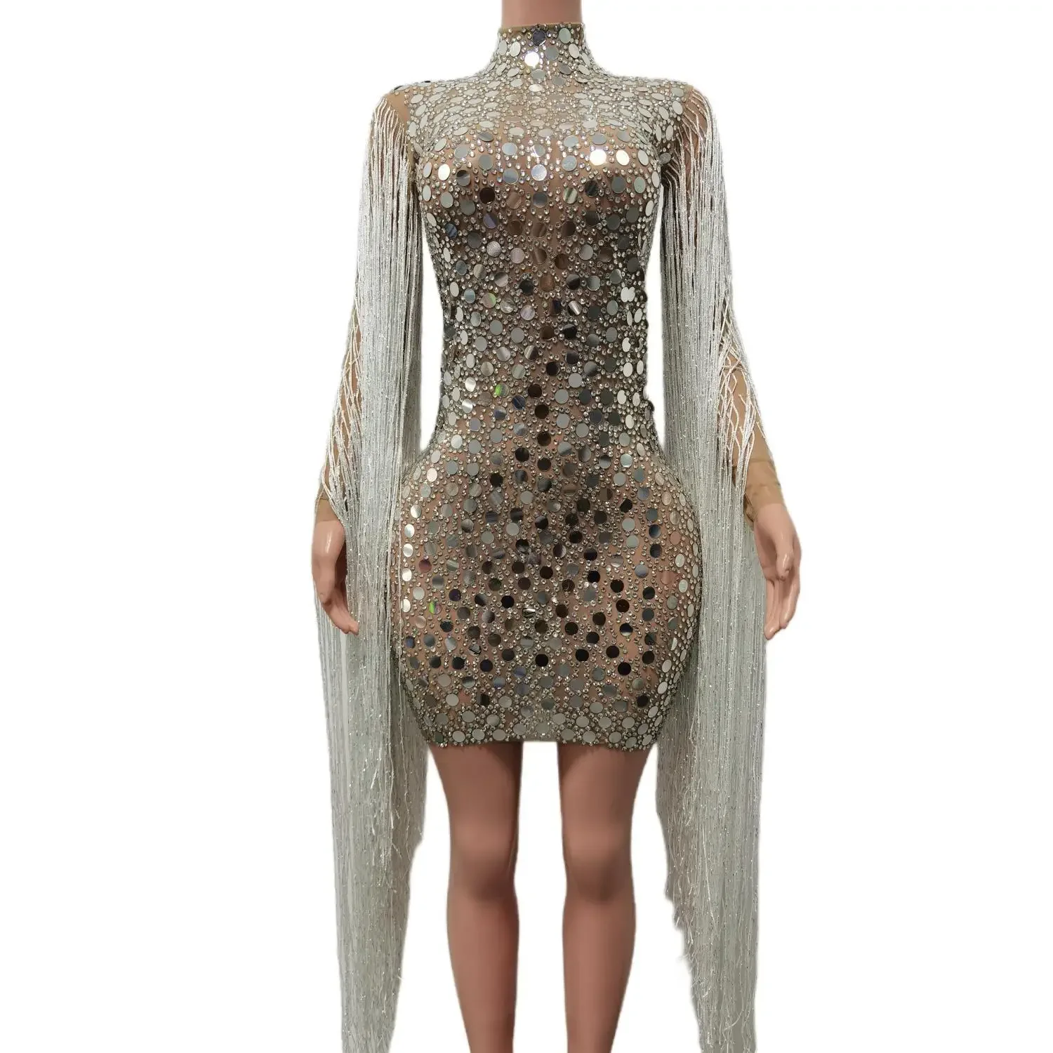 

Fashion Sexy See Through Sequin Rhinestone Birthday Banquet Dress Singer Short Party Bodycon Women Fringes Nightclub Prom Dress