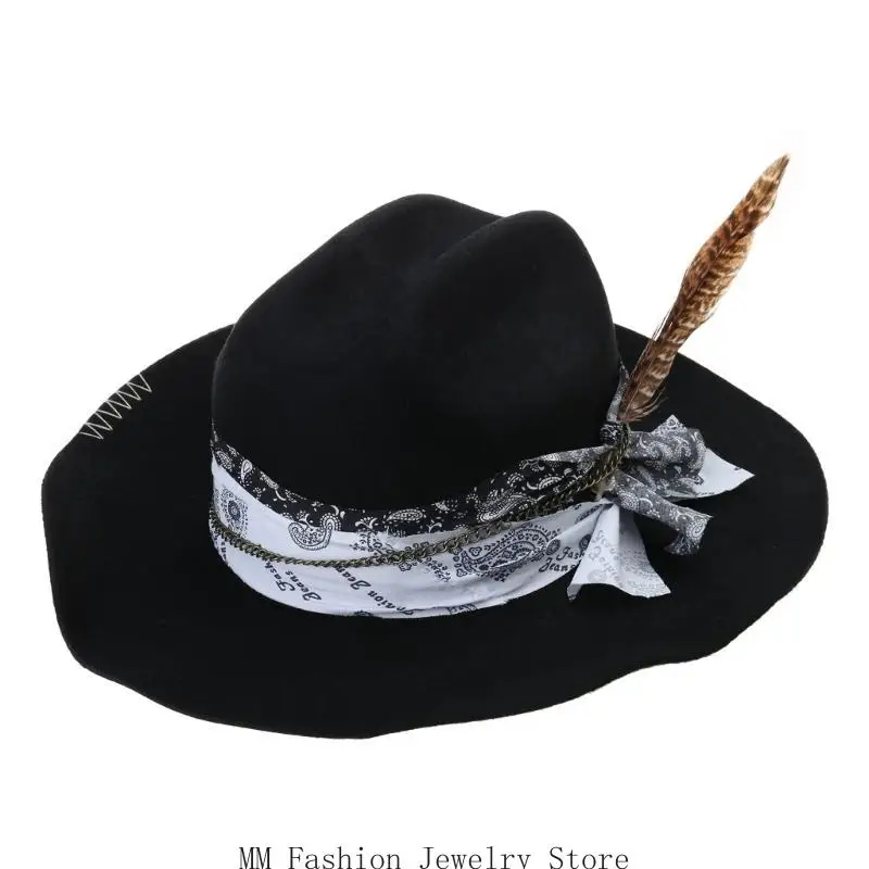 

D0UB винтажная шерстяная ковбойская шляпа для женщин и мужчин, шляпа унисекс с широкими полями и ремешком из перьев, дышащая