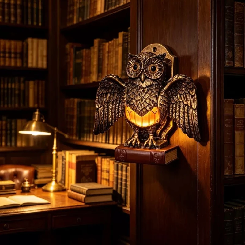 Farmhouse Style Small Table Lamp With Golden Owl Farmhouse Bedside Night Light Retro Rustic Resin Lamp For Room Bedroom Office