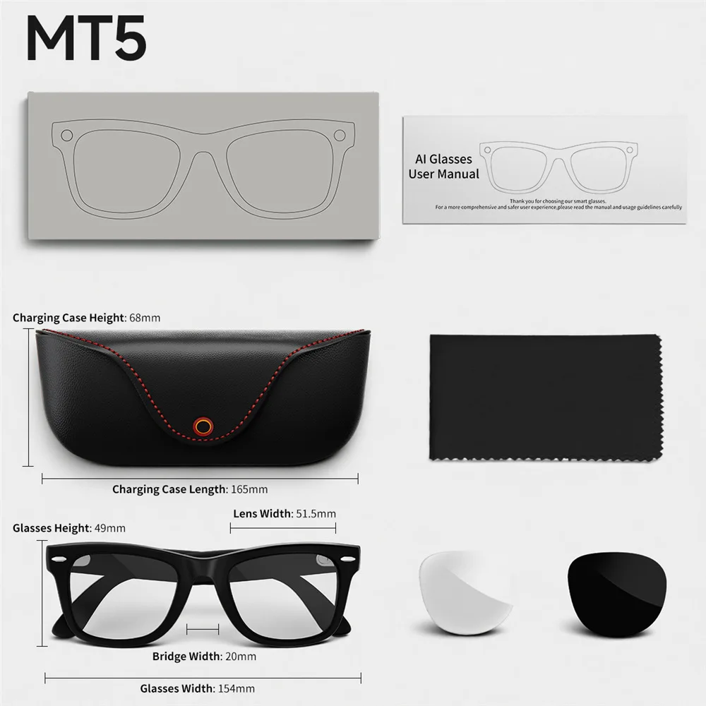 MT5 Smart Audio Glasses, Bluetooth Call, AI Translate Voice Assistant, Music Playback with Charging Case