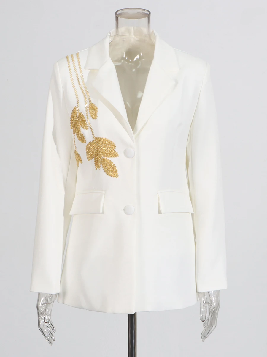 CHICEVER ソリッドスプライシング刺繍ブレザー女性のためのラペル長袖気質イブニングコートポケット女性のファッションスタイル