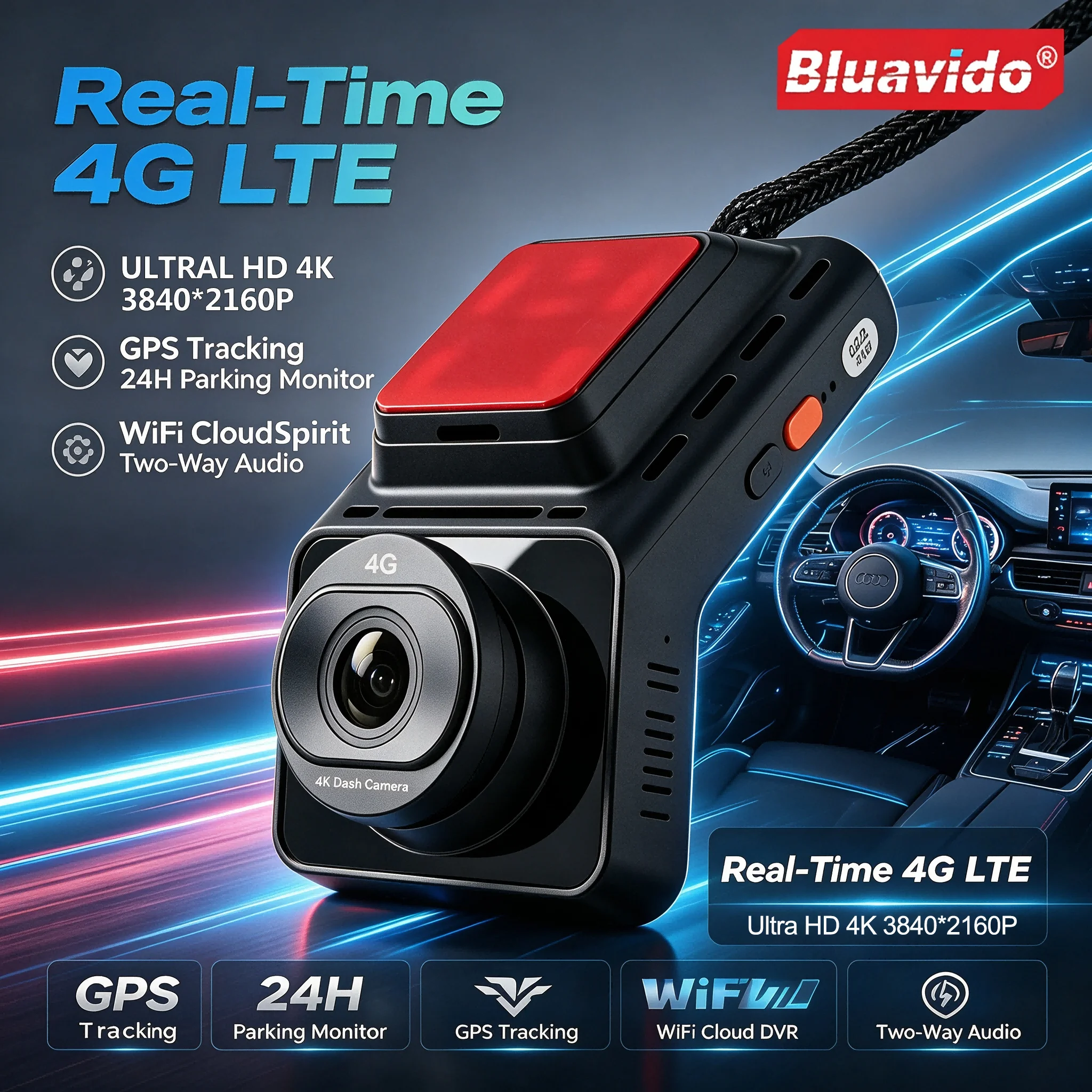 4G SIM Dashcam GPS 4K+1080P Dual-Aufnahme Ferngesteuertes Live-Streaming 24-Stunden-Parküberwachung Autokamera Videorekorder WiFi-Hotspot