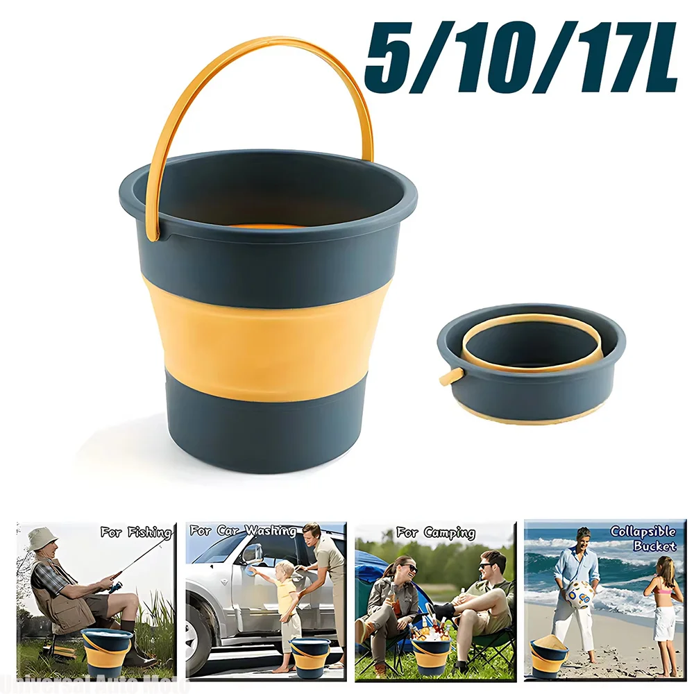For Outdoor Camping & Car‑Wash 5/10/17L Thickened Silicone Collapsible Bucket Portable Foldable Water‑Pail For Fishing Storage