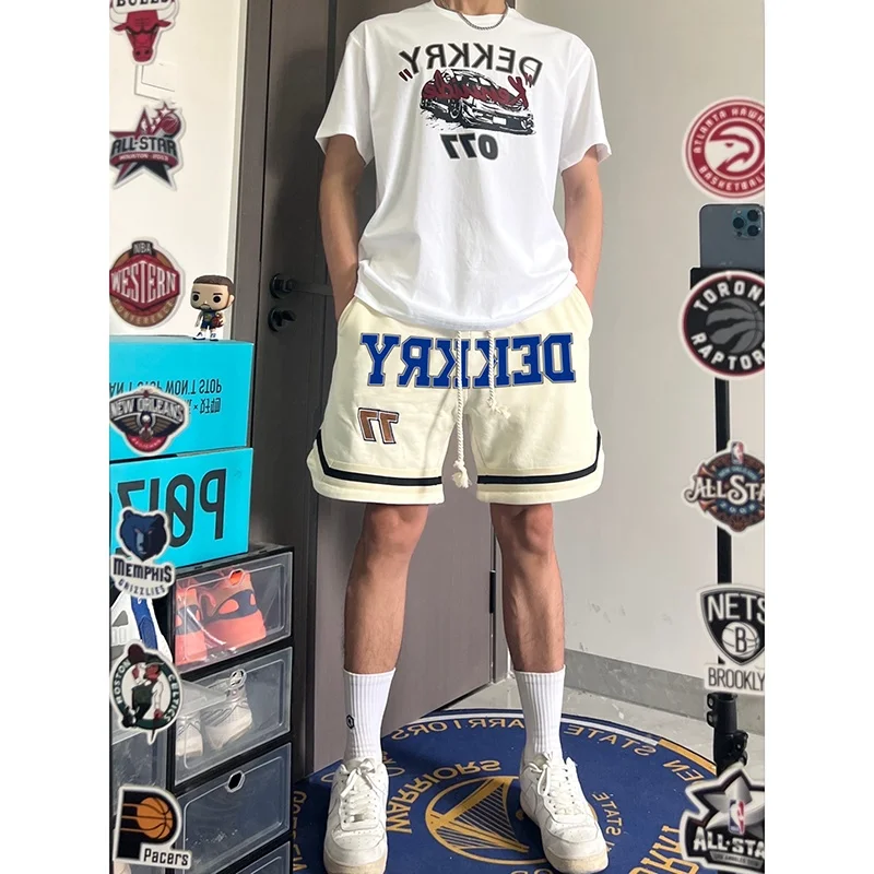 

Мужские летние модные брюки American High Street Vibe Baskeall с принтом пяти четвертей, уличные брюки большого размера