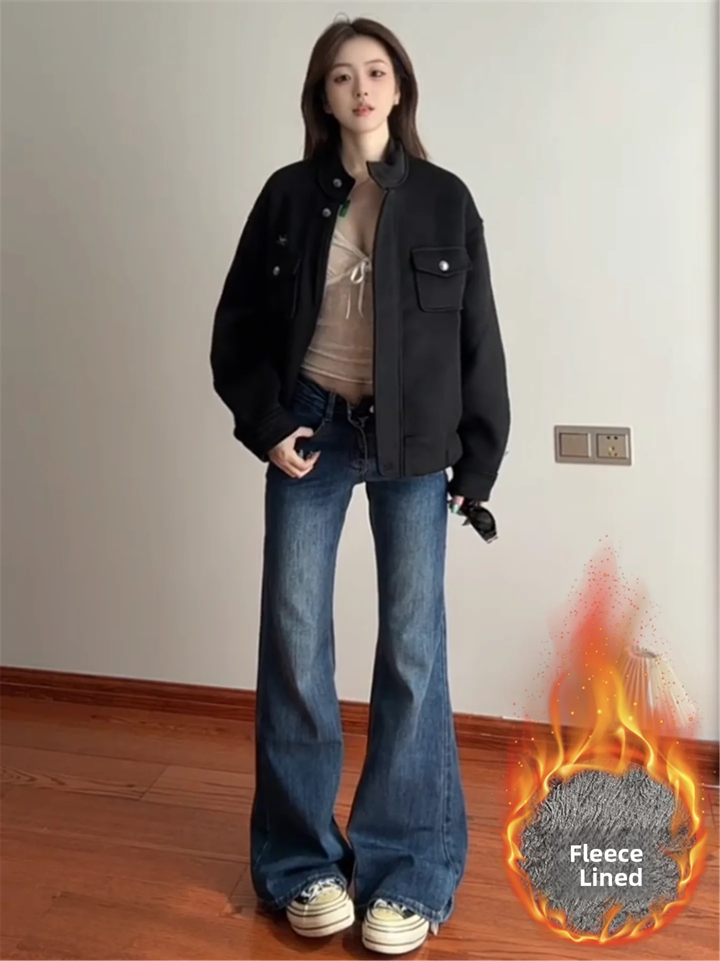 

plus Size Extended Length Thickened Fleece Low Waist Bell Bottom Jeans Women's Autumn Winter Loose Not Legging Floor Length P...