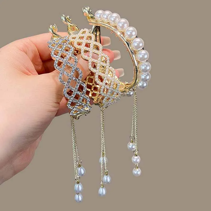 Korean Rhinestone Tassel Pearl Hair Claws Bun Hair Clip Crab Women Barrettes Ponytail Holder Hairpins Fashion Hair Accessories