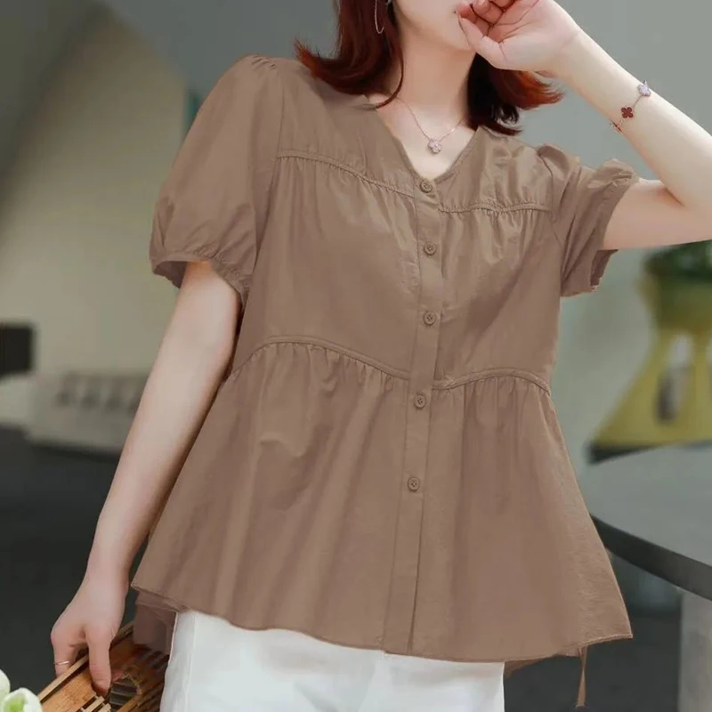 Camisa de manga corta con cuello en V para mujer, cárdigan informal holgado con cintura plisada, Tops elegantes de estilo coreano, novedad de verano