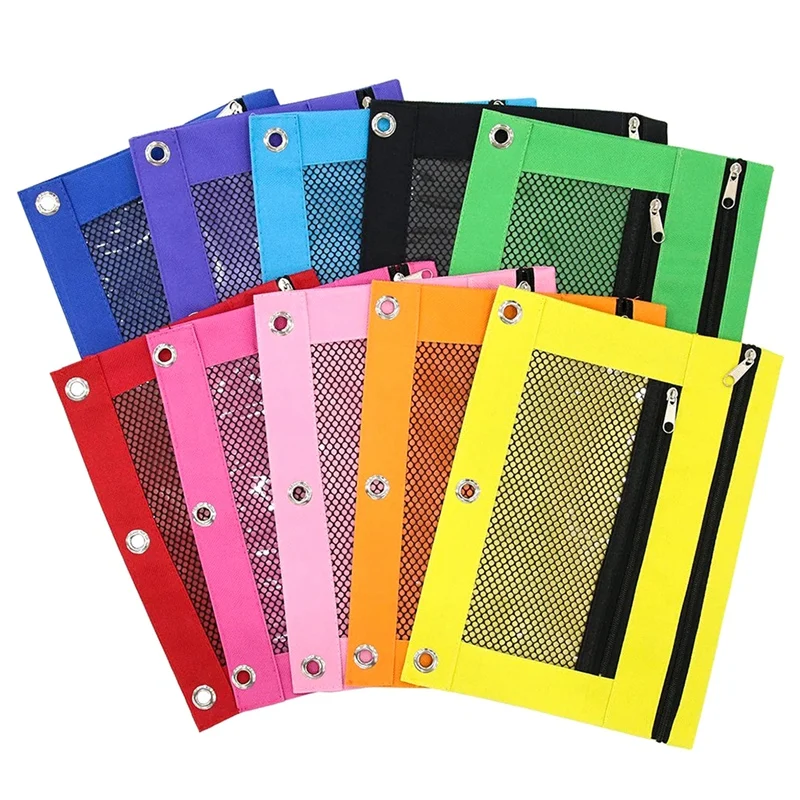 10Pcs Pencil Pouch Pencil Bags Pencil Case With Double Pocket And Mesh Window For 3 Ring Binder-Zipper Pencil Pouches