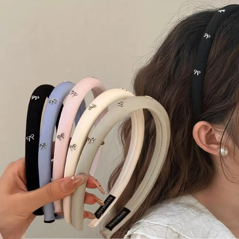 

Retro Silver Bow Solid Color Headbands for Woman Girl Sweet Cute Thin Fabric Sponge Hair Hoop Fashion Hair Band Hair Accessories