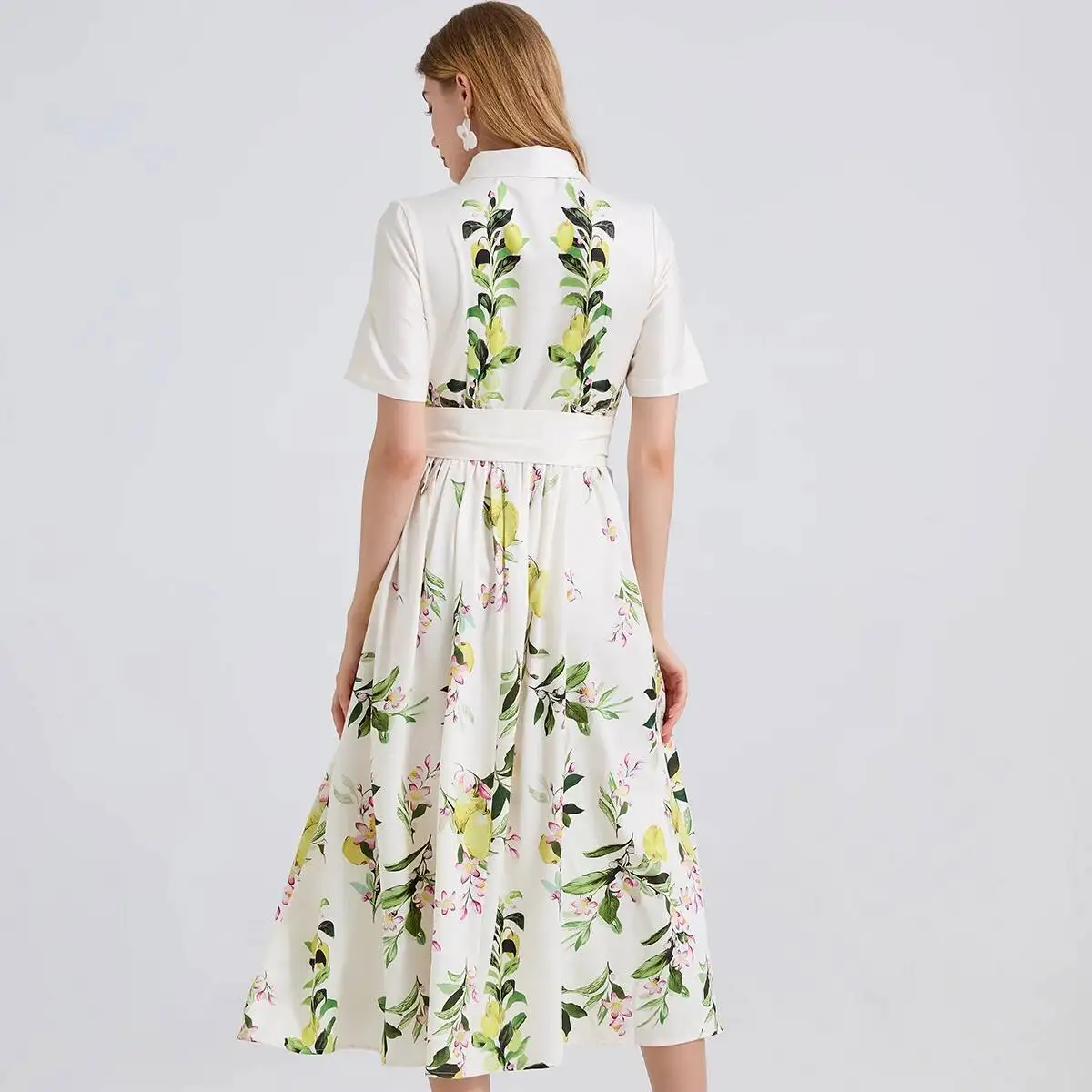 ฤดูร้อน Leaf พิมพ์เสื้อผู้หญิงวินเทจสูงเอวแขนสั้น A-Line ชุดราตรีชุดสุภาพสตรีชุดลําลองยาว Robe