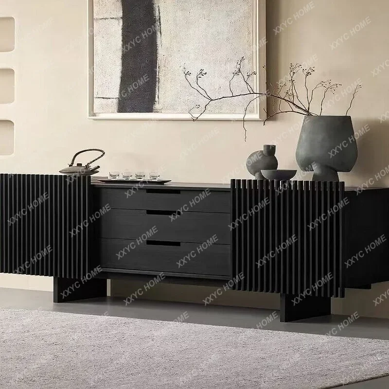 

HSolid wood sideboard, large capacity three-layer cabinet, storage cabinet, black high-end sense clearance, light luxury